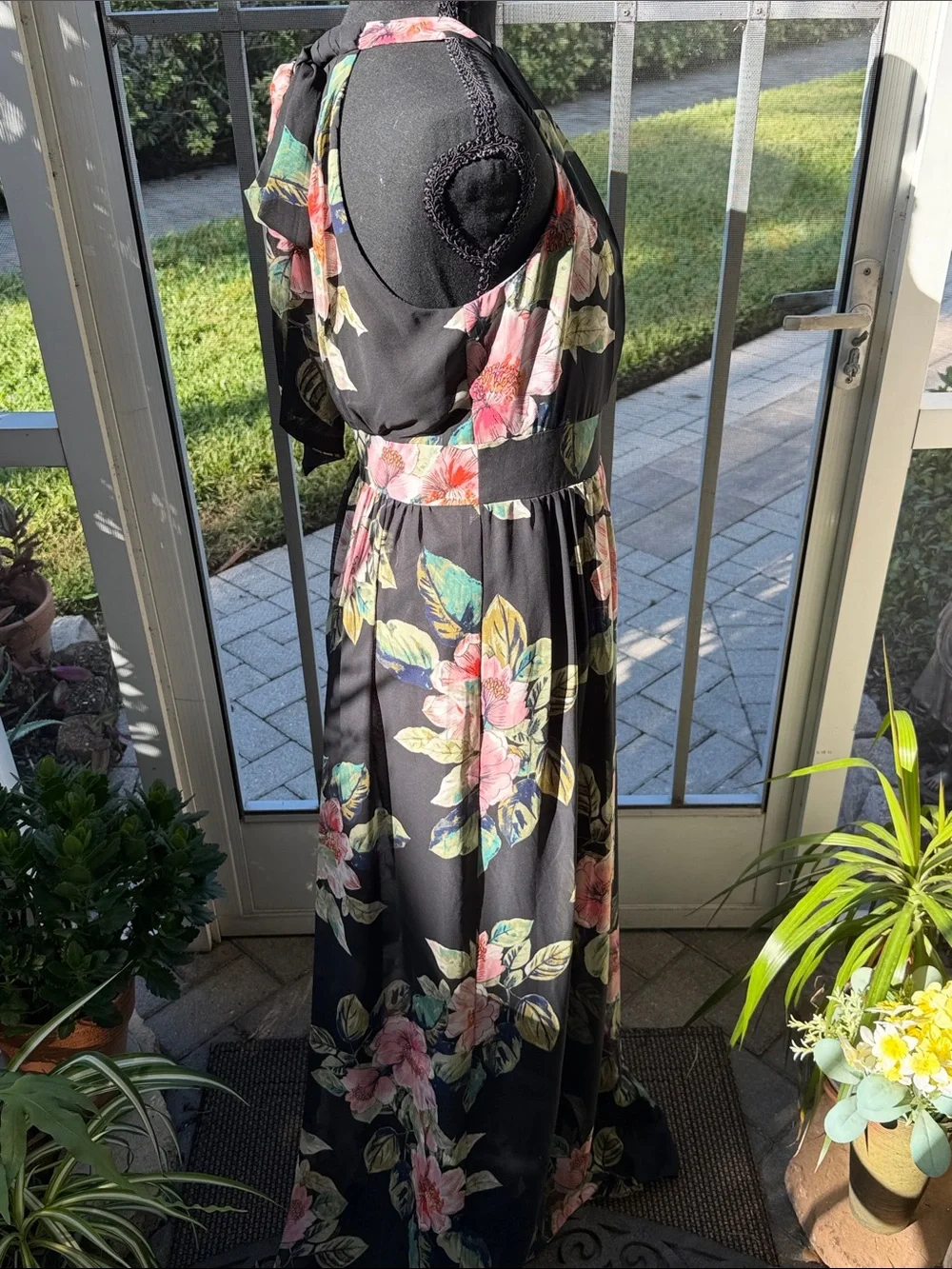 Black Floral Halter Maxi Dress - Pink & Green Floral